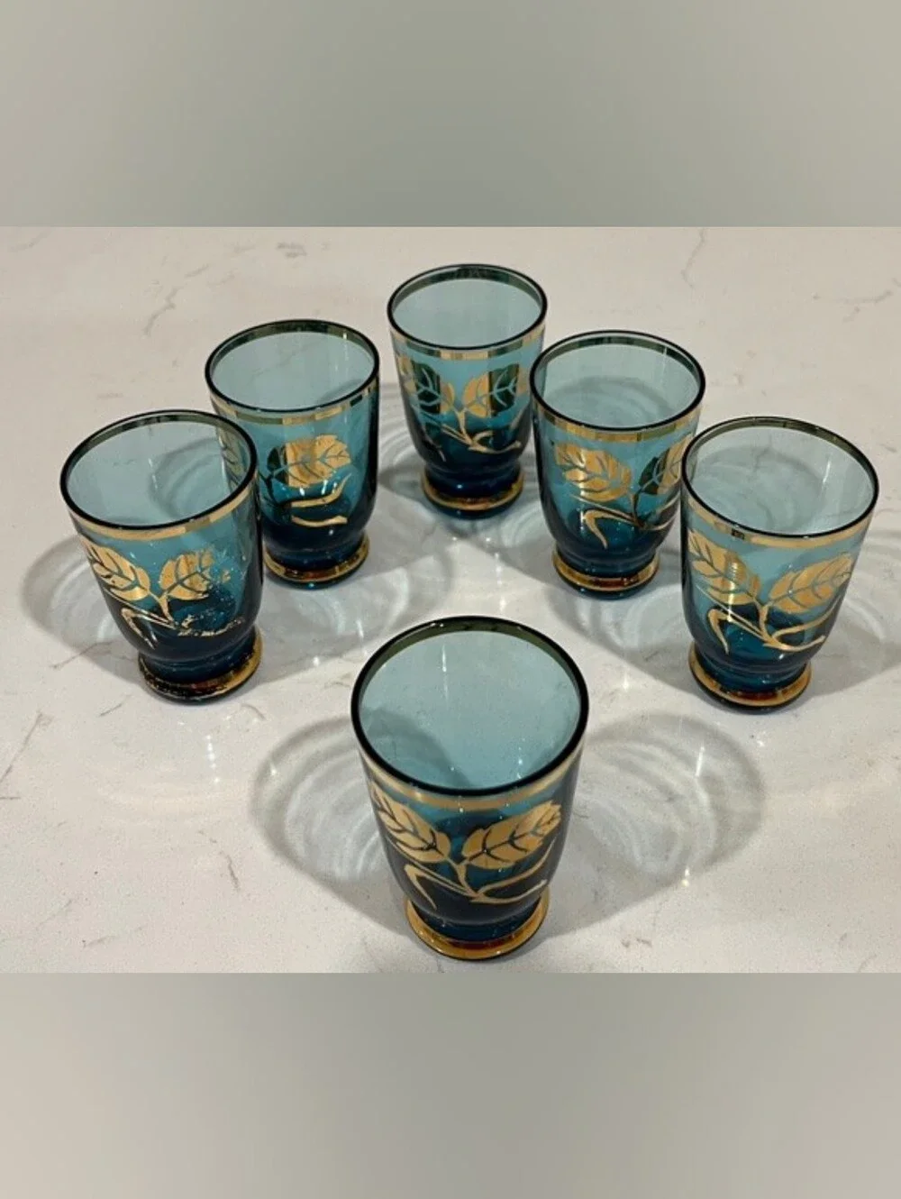 Vintage MCM Bohemian‎ Blue & Gold Gilded Liquor Decanter Set With 6 Glasses